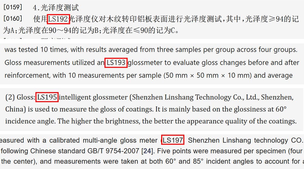 国内外论文及专利中引用林上LS192、LS193、LS195、LS197光泽度仪截图