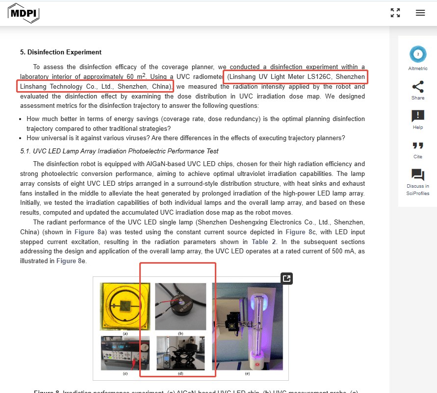 《Sensors》论文中使用林上LS126C紫外辐照计检测UVC机器人紫外辐射强度