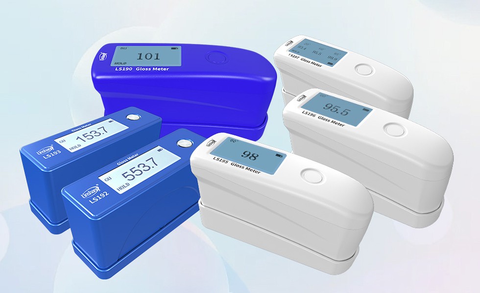 林上5款光泽度仪产品图:LS190/LS192/LS193(蓝色机身)、LS196/LS197(白色机身),分别显示101/153.7/55.37/95.5/98GU,覆盖通用60°/小孔径/三角度多型号