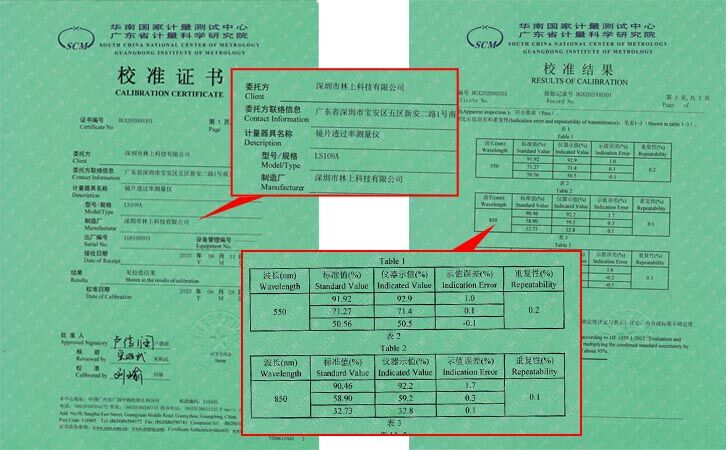 镜片透过率测量仪校准证书 镜片透过率测量仪校准证书